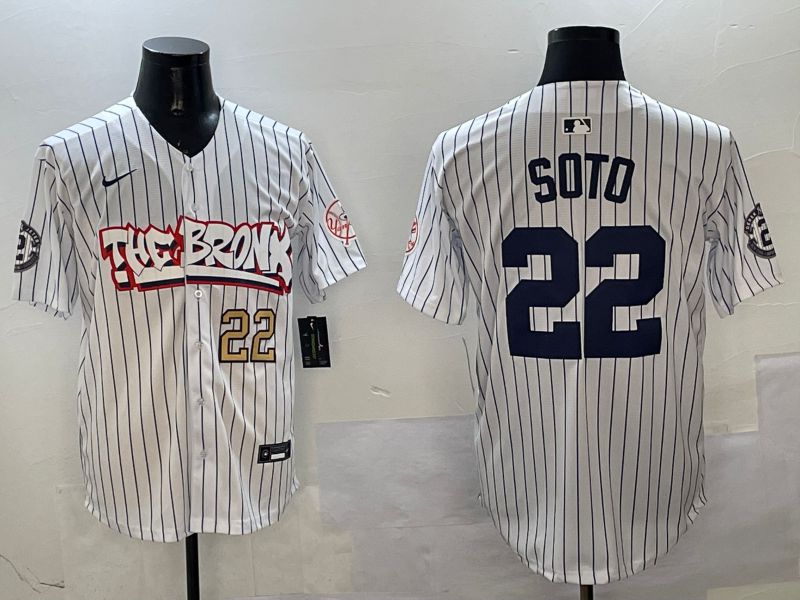 Men New York Yankees 22 Soto White Stripe four generations Joint Name 2025 Nike MLB Jersey style 7